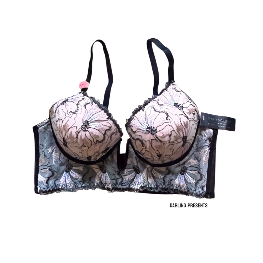 Youmita Lace Floral Balconette Longline Bra Women Color Black Size 36B